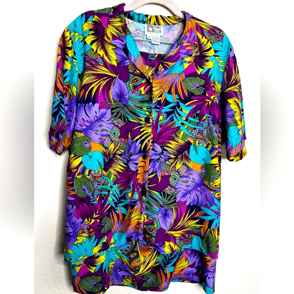 Vintage Anne Klein Tropical Monstera Plant Leaf Print Set Blouse and Skirt 8/10